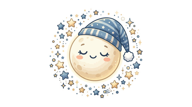 Cute cartoon moon wearing cozy sleep hat.