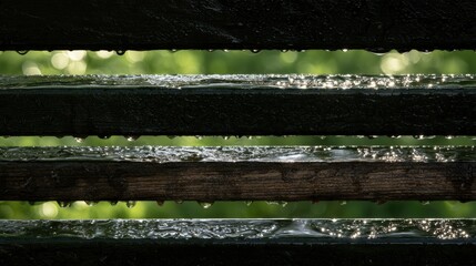 Fototapeta premium Water droplets rest on horizontal wooden boards of a garden fence. The garden glistens in soft light after recent rain.
