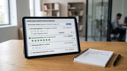 Obraz premium Digital tablet displaying compliance inspection dashboard on wooden desk