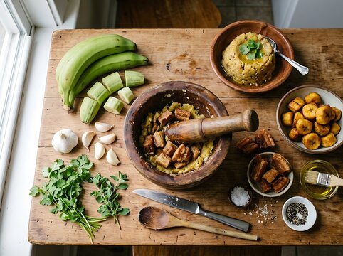 Fresh plantain mofongo preparation with garlic and cilantro on a rustic wooden table. Mofongo recipe