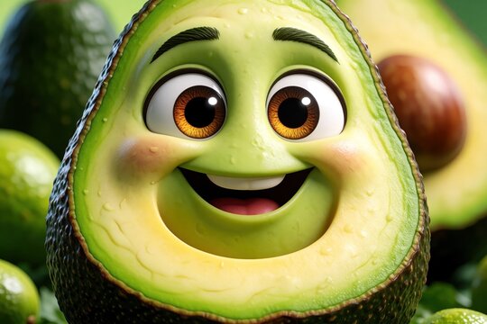 Cute animated avocado character with big eyes, happy smile. Funny green fruit mascot with friendly face looks at camera. Healthy organic food character for keto diet, nutrition concept, wellness