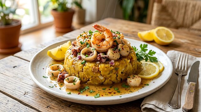 Delicious seafood mofongo with shrimp and squid on a plate on a rustic wooden table. Mofongo recipe