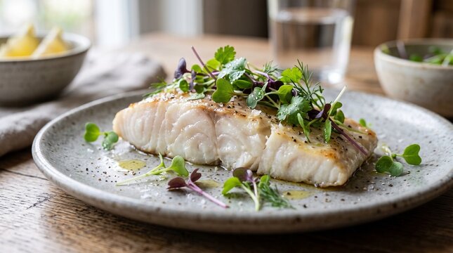 Macro shot of sliced cultured fish fillet with microgreens served on a ceramic plate. Gourmet seafood meal for healthy eating, sustainable protein, fine dining, and modern nutrition.  