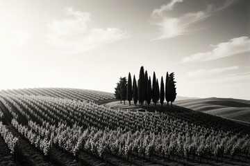Obraz premium Black and white view of rolling hills with neat rows of fruit trees. A line of cypress trees stands against the sky. Peaceful countryside scene.