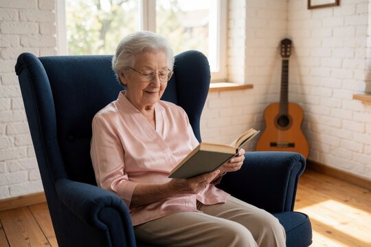 Elderly senior woman sits in blue armchair reading paper book. Mature female reader enjoys quiet hobby in cozy living room. Retired lady wears glasses, pink shirt relaxing at home. Peaceful lifestyle