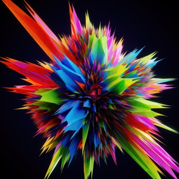 Colorful abstract explosion of sharp polygonal shapes on black background. Digital data fragmentation concept with vivid geometric shards and chaotic modern design. Futuristic tech disruption visual.