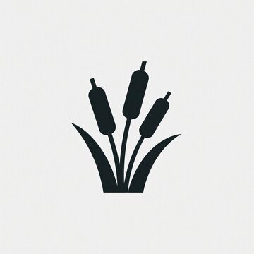 Black silhouette icon of cattail reeds. Simple plant graphic with three bulrush stalks, green leaves. Minimalist wetland flora symbol isolated on white background. Nature element for eco design,