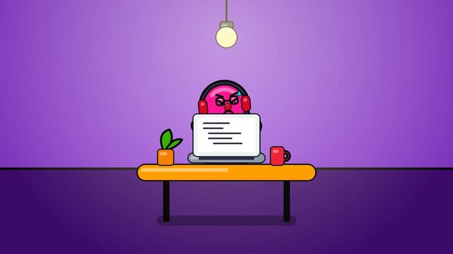 2D animation of a funny character working on a laptop experiencing frustration due to a flickering lightbulb and power outage