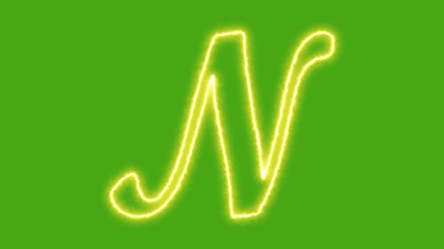Neon glowing letter n animation on green screen, electric script alphabet character for motion