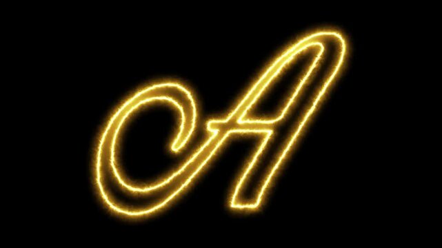 Glowing golden letter a neon sign animation on black background, script alphabet typography for motion and branding
