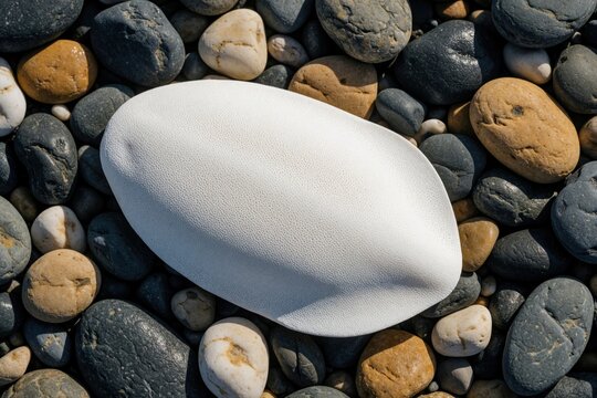 White cuttlebone rests on many smooth pebbles. Sepia officinalis bone lies among colorful sea stones on beach shore. Natural calcium source for birds found near ocean water. Macro view of organic