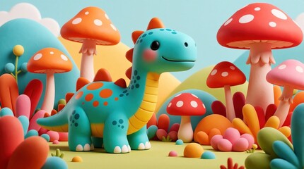 Obraz premium Cute blue dinosaur toy stands in whimsical fantasy garden. Small dino explores colorful mushroom forest with bright plants. 3D render of playful prehistoric creature in magical landscape. Vibrant