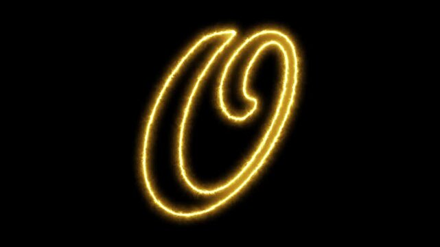Glowing neon letter o animation with electric energy effect on black background, alphabet