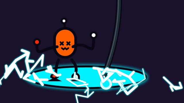 2D animation of a cute robot character getting electrocuted by an exposed live electric wire in a water puddle, showing its skeleton in a funny cartoon style