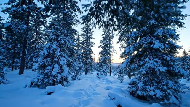 Snow covered pine forest at sunset