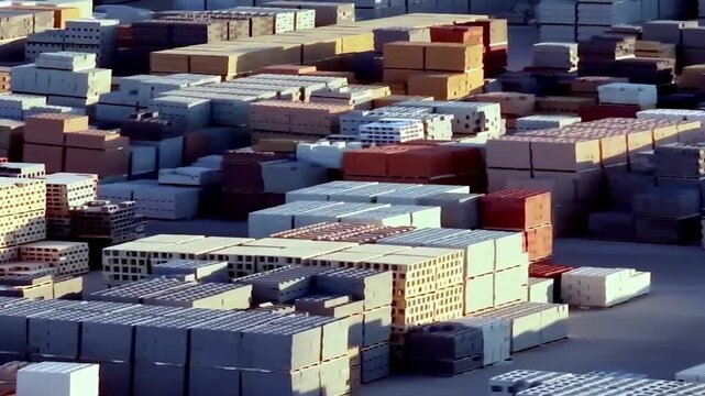 Time lapse of a brick yard with stacks of bricks getting smaller as inventory sells