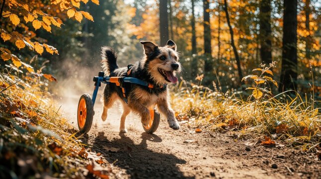 Happy disabled dog runs on forest path using custom mobility wheelchair. Small mixed breed pet uses adaptive wheels to explore autumn woods. Active rescue animal enjoys outdoor exercise,