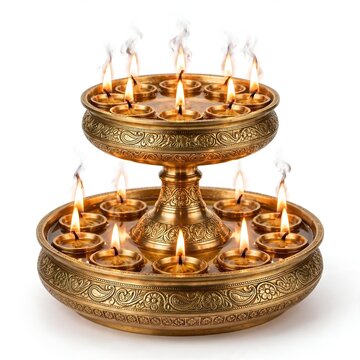 Grand two-tier brass urli filled with oil and many small Diya flames burning together for Diwali festival celebration.