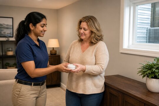 Home radon testing kit handoff beside a side cabinet in a basement den