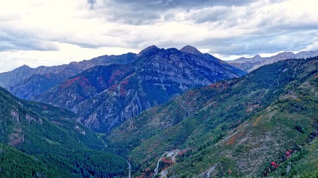Autumn in the Wasatch Mountain Range in Utah above the Alpine Loop Scenic byway - aerial flyover