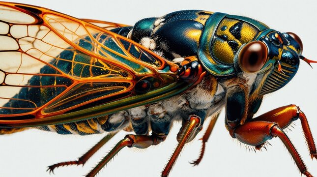 Detailed macro illustration of colorful cicada insect. Vibrant orange, blue wings with intricate patterns on bug body. Close up view of insect head, eyes, legs. Artistic nature art with bright colors