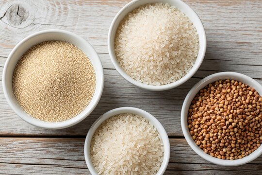 Top view of white bowls with raw grains on wooden table. Amaranth, buckwheat, rice seeds in ceramic containers. Healthy gluten free food ingredients for vegan diet, breakfast cooking. Organic cereals