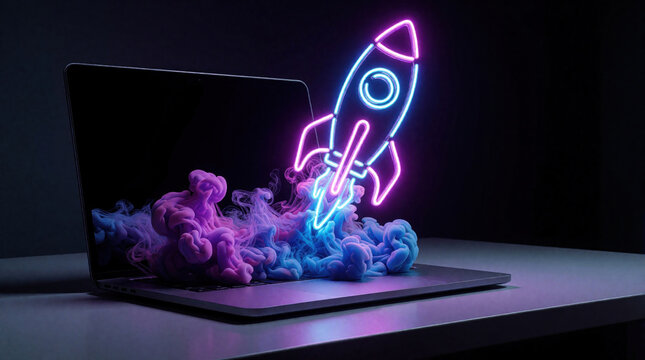 Neon outline rocket launches from open laptop screen. Purple and blue smoke billows around the machine base. Visualizes digital progress tech launch concept.
