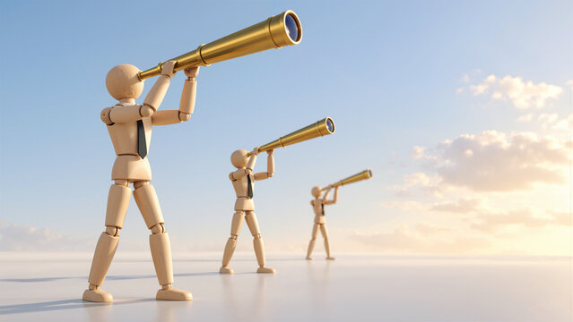 Wooden Mannequins with Telescopes Looking Towards the Future on Bright Sky Horizon, Concept of Business Vision, Leadership and Strategy