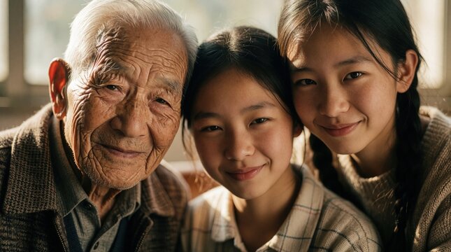 Smiling elderly Asian man poses with two young granddaughters. Grandfather shares happy moment with family girls at home. Close up portrait shows multi generation family connection, love, support.