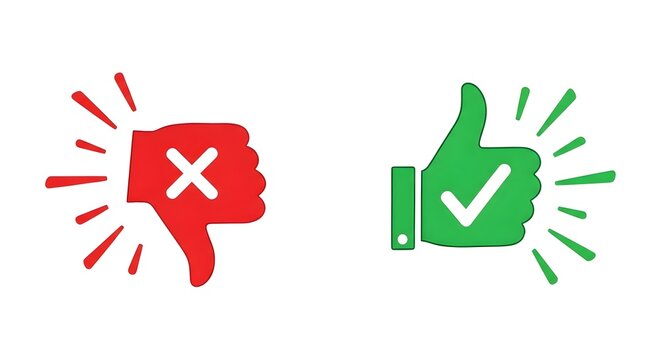 A graphic featuring a red thumbs down and a green thumbs up symbol on a white background.