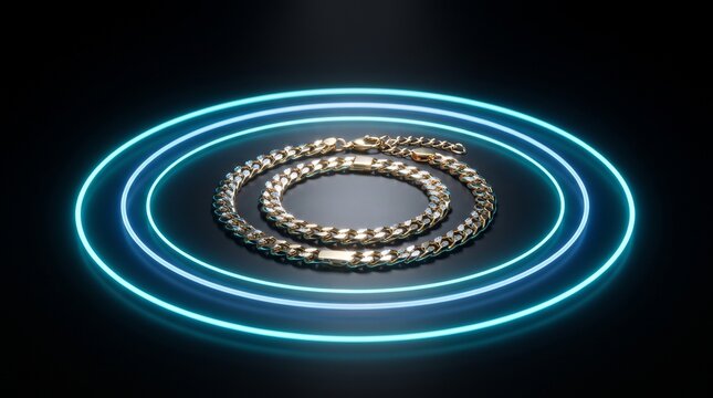 Gold chain bracelet surrounded by floating electric cyan and ice blue luminous halos, creating a radiant sophisticated composition for luxury jewelry advertising.