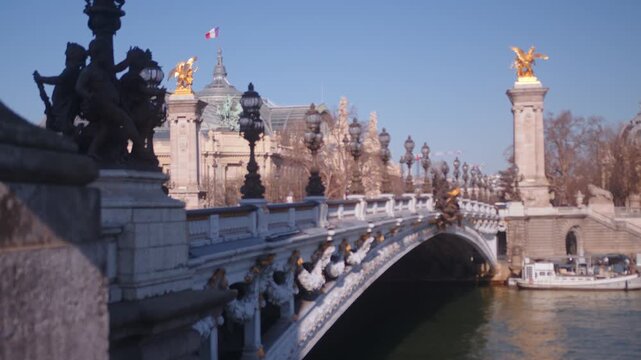 Stunning view of pont alexandre iii bridge in paris during sunny day cinematic travel footage.