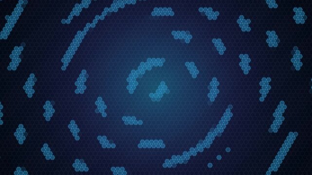 Rotating hexagonal digital pattern forming geometric circles on a dark background, designed for futuristic HUD elements, data security monitors, and cyber interfaces.