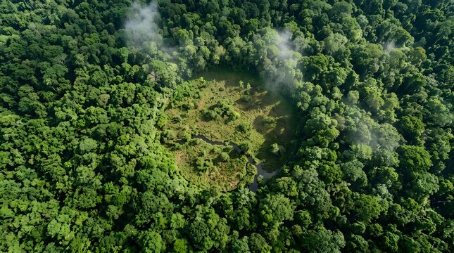 Aerial view of dense green rainforest canopy with a clearing and light fog rising from the trees dense forest green jungle tree canopy