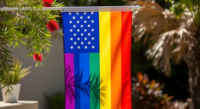 Rainbow American pride flag hanging outdoors in a sunny garden with green plants.