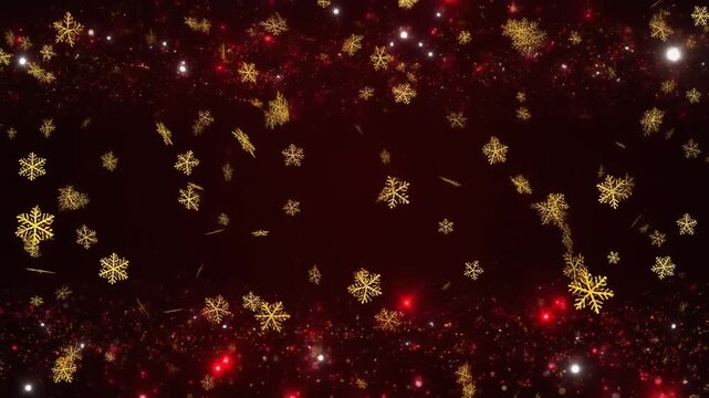 金の雪の結晶と紅白粒子 冬の祝い ループ動画