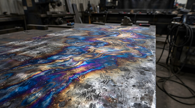 Abstract metal surface with iridescent colors and textures, possibly from welding or heat treatment