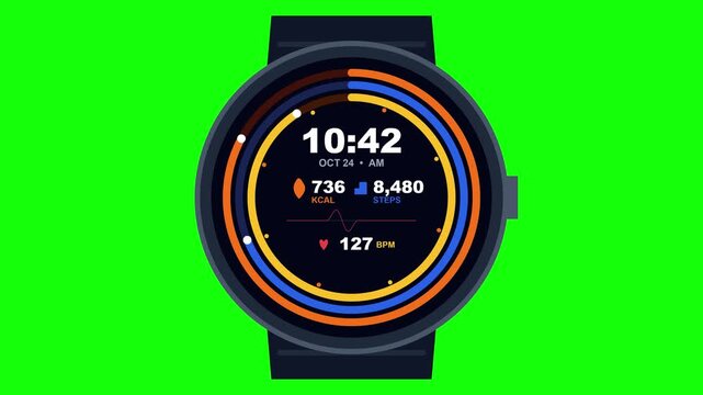 Smartwatch Fitness Tracker Animation with Heart Rate and Steps on Green Screen