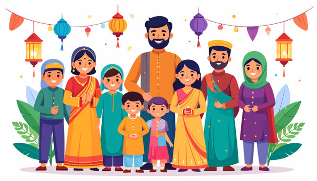 Happy Muslim Family Celebrating Eid Mubarak with Traditional Lanterns and Festive Attire in Flat Illustration Vector Style