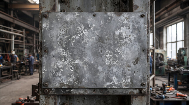 A weathered metal plaque with a textured surface is mounted on a large industrial machine. The background shows a busy factory or workshop with workers and equipment