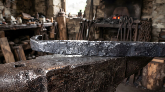 An anvil and a piece of metal in a blacksmith's workshop, with tools and a forge in the background