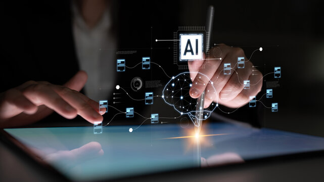 AI neural network and data processing system visualizing artificial intelligence with brain structure, chip, and connected data blocks for computation and learning Latch