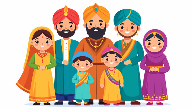 Diverse Indian Family Portrait in Traditional Attire with Turbans Cartoon Vector Illustration for Cultural Design