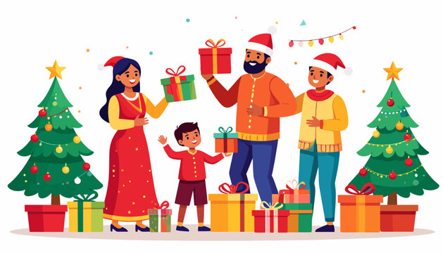 Happy Family Celebrating Christmas Together with Gift Boxes and Christmas Trees in Flat Vector Illustration Style