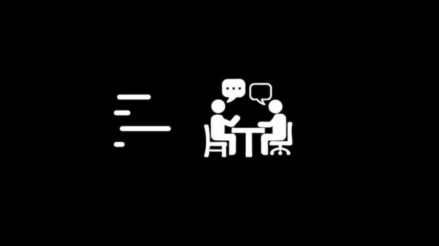 Two people talking across table with motion lines indicating fast conversation or quick exchange.