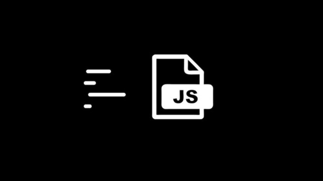 Javascript file icon moving fast on black background, technology concept footage.