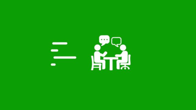 Two people discussing at table with moving lines on green screen motion graphics element.