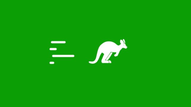 White kangaroo icon jumping forward with motion trails on green screen background.