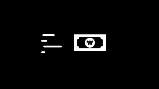 Fast moving korean won banknote animation on black background showing speedy financial transactions and digital currency flow.