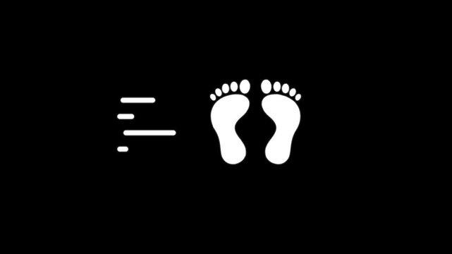 Animated white human footprints icon moving on black background for travel and movement concept.